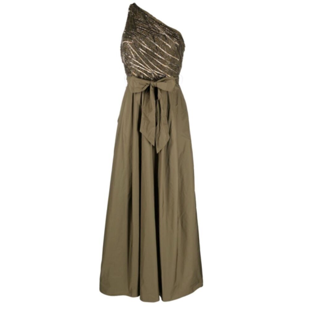 Lauren by Ralph Lauren Beaded Taffeta One-Shoulder Gown in Olive Green NWT Size